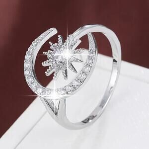 NEW Silver Adjustable Crescent Moon & Star Ring – Celestial Jewelry Moon Ring
